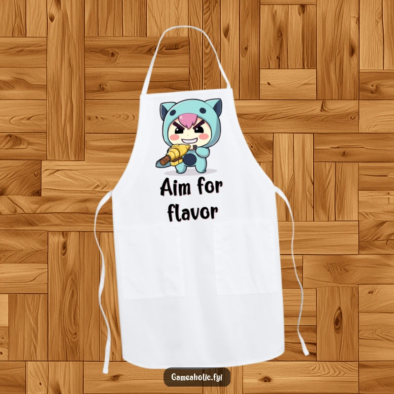 Funny archer apron with a determined character aiming a miniature pixelated target, perfect for focused cooking.