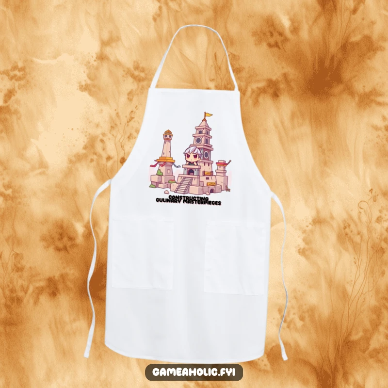Funny Apron: Gamer with intense focus building a tower in a game, suitable for cooking or gaming, a funny gift for multitaskers.