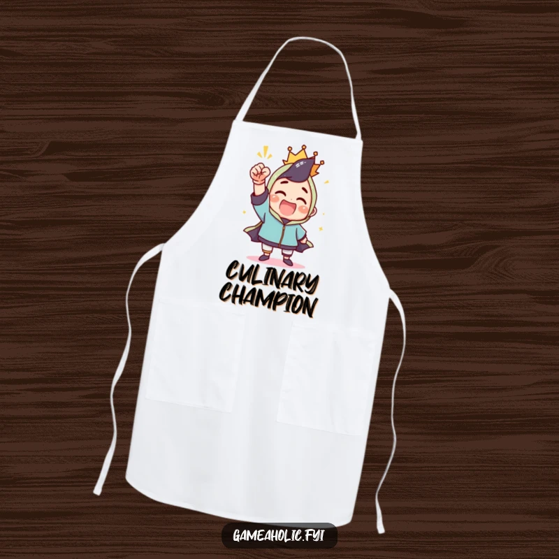 Funny apron showing a character celebrating a win with a triumphant fist pump, ideal for the chef who loves to win.