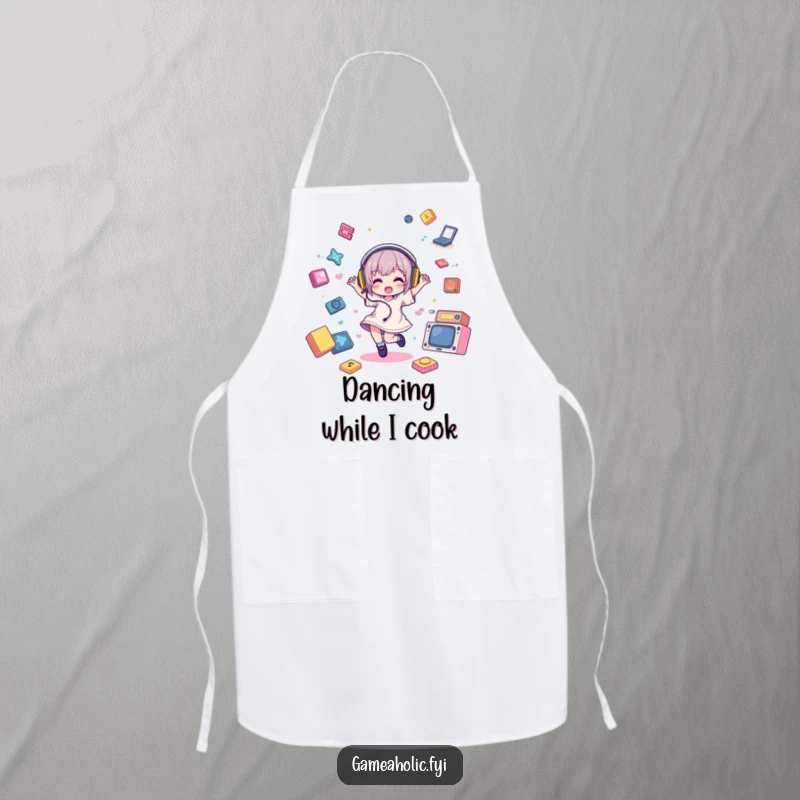 Funny Apron showing a character dancing with headphones while cooking, surrounded by game elements, a humorous kitchen accessory.