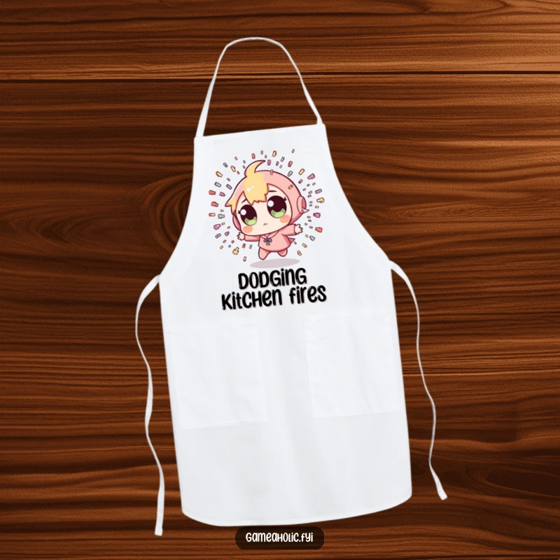 Funny Pixel Bullet Apron: A humorous kitchen apron featuring a character with wide eyes dodging tiny pixelated bullets, practical for cooking.
