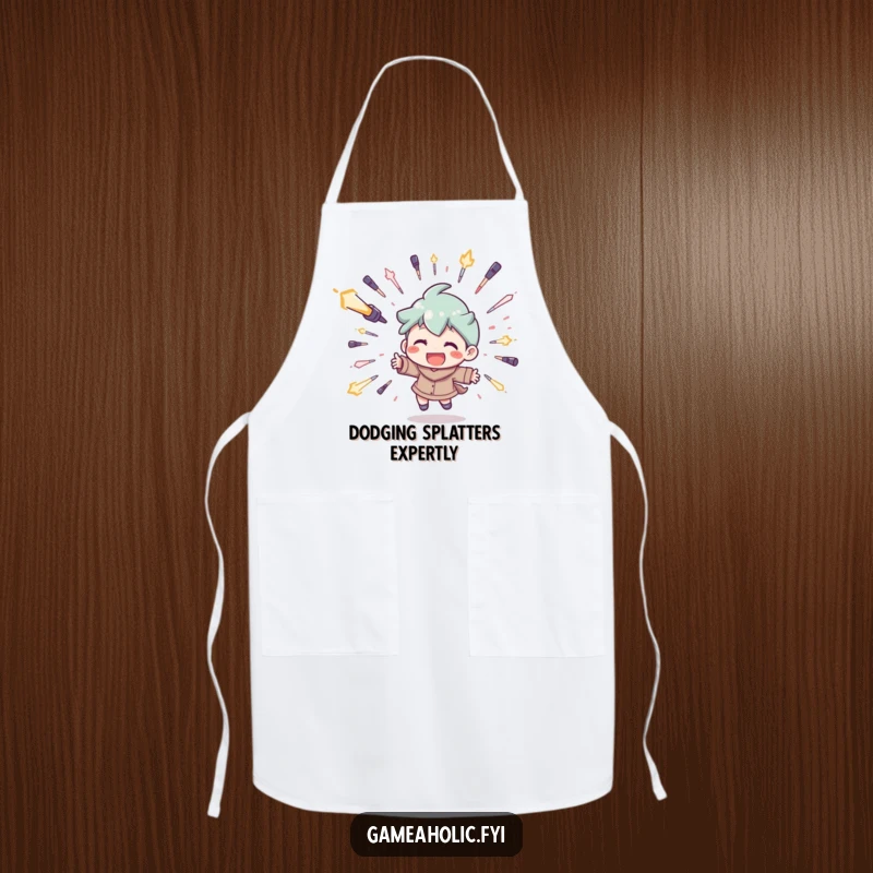 Funny apron featuring a character dodging digital projectiles with a wide grin, a humorous and practical gift for kitchen warriors.