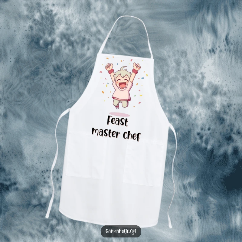 Funny apron with a character cheering wildly, throwing confetti, and leaping from a victory pose, ready to cook.