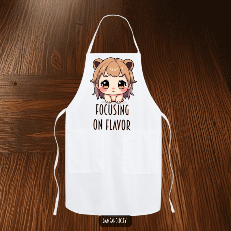 Funny apron showcasing a cute character with wide, sparkling eyes, intensely focused on their task, gamer-style.