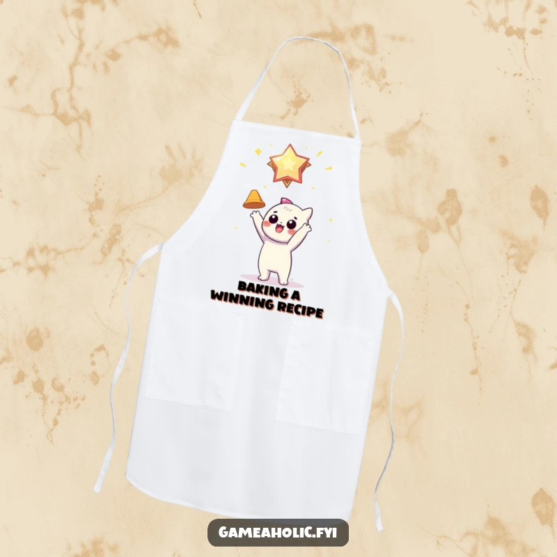 Funny apron with a character eagerly reaching for a shiny, floating virtual award, perfect for aiming high in the kitchen.