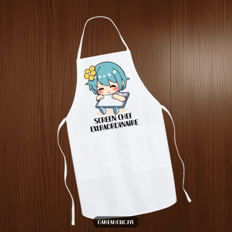 Funny Apron showing a person happily tapping intensely on a bright, glowing tablet screen while cooking, blending tech and kitchen humor.