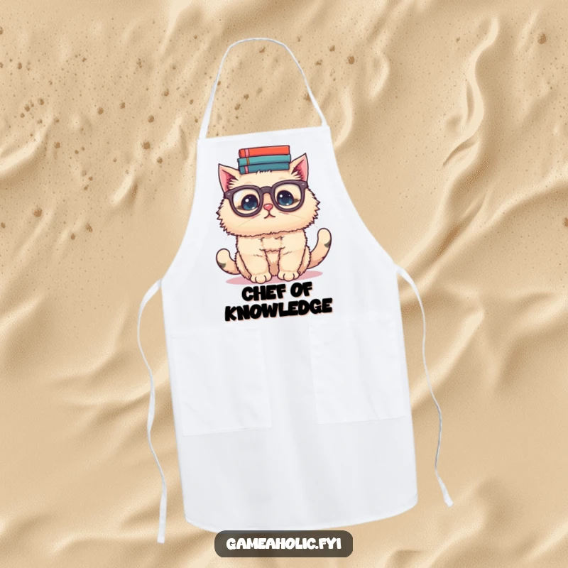 Funny apron graphic of a fluffy cat wearing big glasses, balancing a stack of books on its head while cooking or baking.