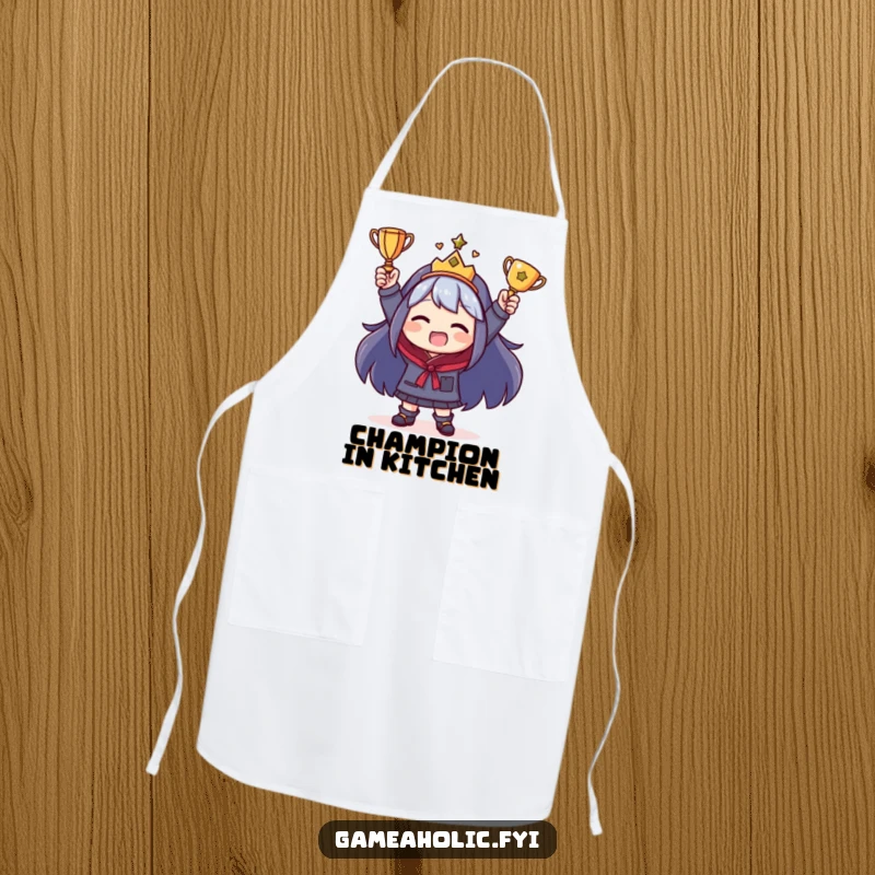 Funny Apron depicting a character holding a small trophy, ready to cook up a storm, adding a funny touch to meal prep.