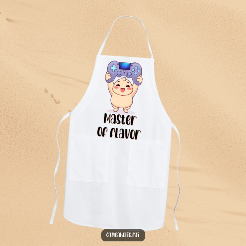 Funny Apron: Chubby gamer wears an apron, triumphantly holding a glowing oversized game controller, ready to cook.