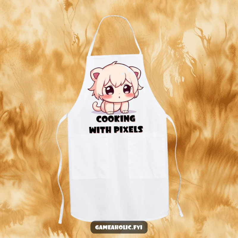 Funny apron with a curious character engrossed in the glow of a digital screen, ideal for kitchen humor.