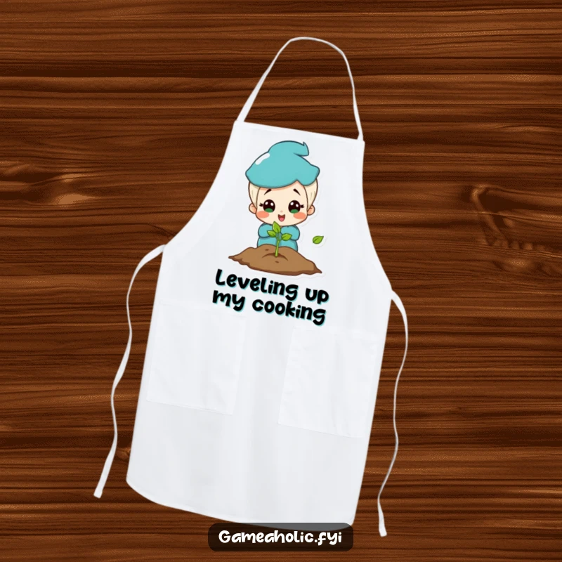 Funny apron showing a charming character looking surprised and happy while gazing at a captivating, glowing video game screen.