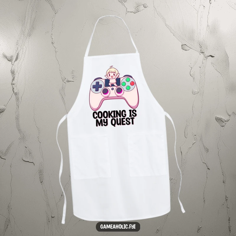 Funny Gamer Apron: A humorous kitchen apron featuring a cute character jumping on a giant, glowing controller button, practical for cooking.