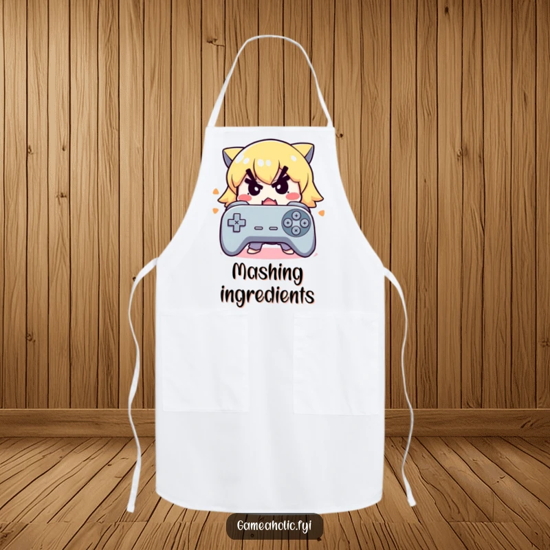 Funny apron with a cute character with a determined expression frantically mashing buttons on a controller.
