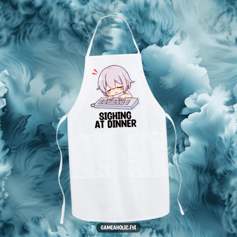 Funny Character Dramatically Slumping Over a Keyboard with a Comically Exaggerated Sigh Apron, a Humorous Kitchen Necessity.