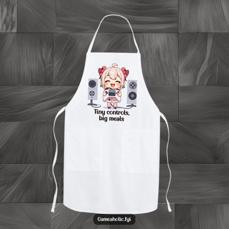 Funny Apron showing a character gleefully holding a tiny, comically oversized game controller, perfect for kitchen fun and gamer flair.