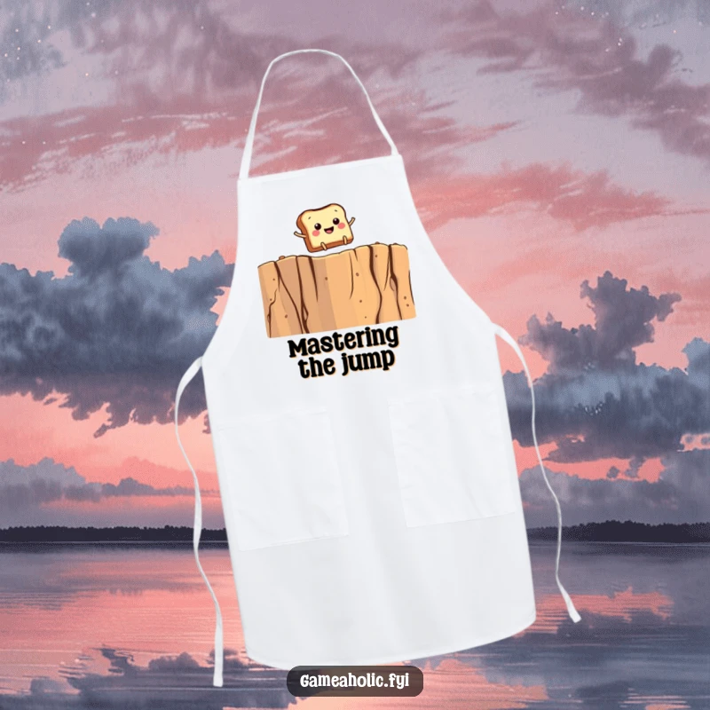 Funny apron with a smiling toast character, tiny legs leaping over a giant crumb cliff, blending kitchen fun with breakfast boldness.