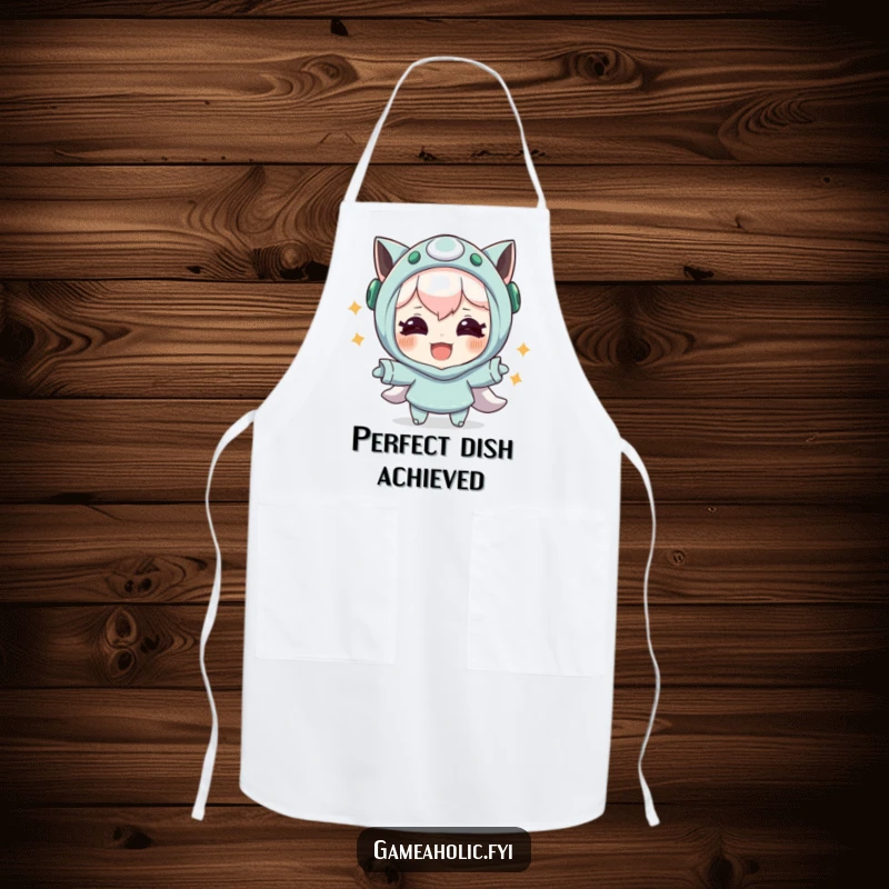 Funny apron featuring a character with joyful eyes celebrating a successful in-game maneuver, a humorous and practical gift for kitchen celebrations.