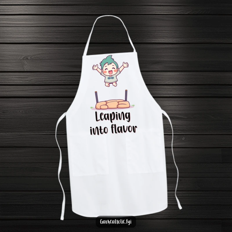 Funny apron with a character excitedly leaping over a virtual obstacle with arms outstretched.
