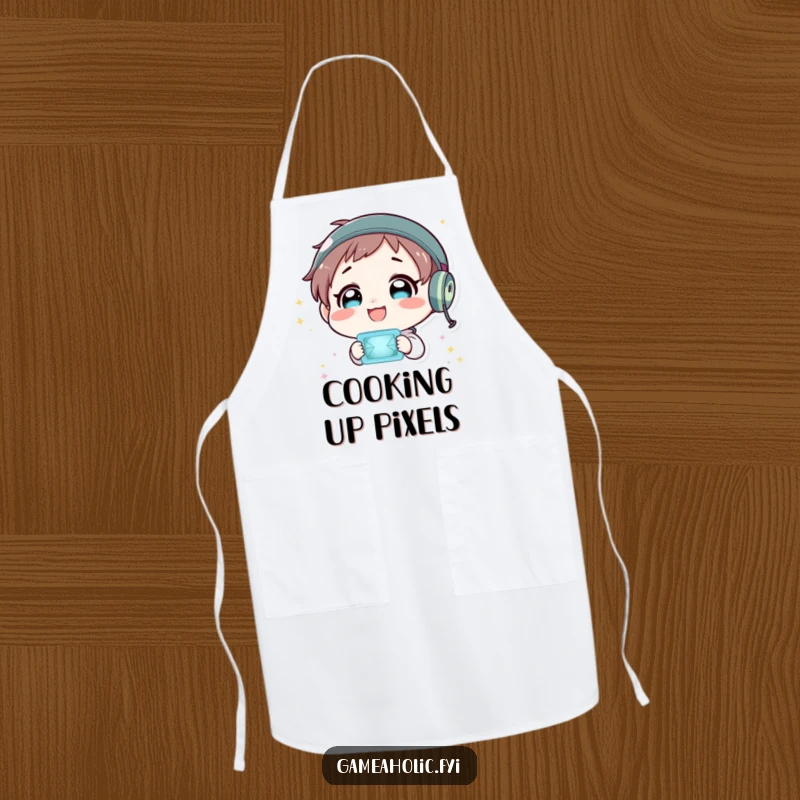 Funny apron with a character beaming with delight while looking at a flashing virtual world, perfect for culinary exploration.