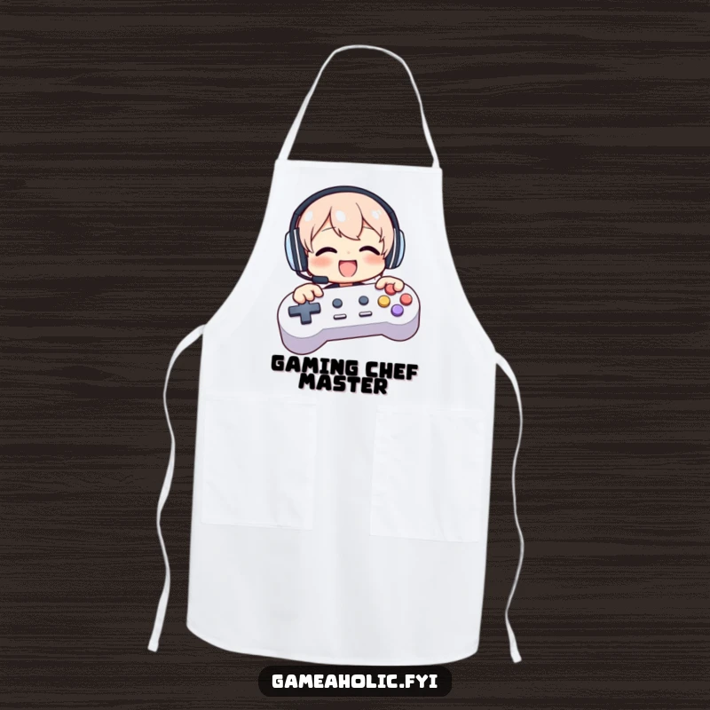 Funny apron with a character in headphones, enthusiastically mashing large game controller buttons, ready to cook.