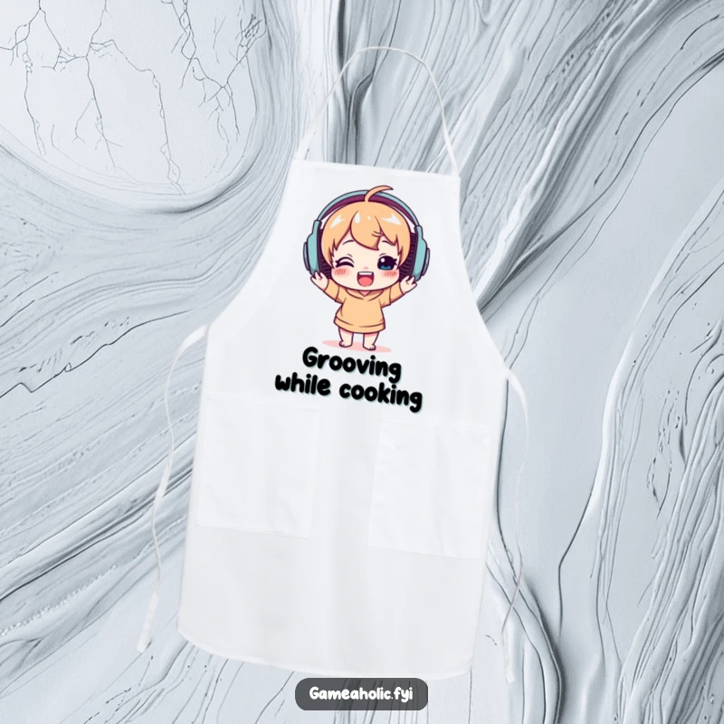 Funny apron with a delighted character wearing large headphones, bobbing their head, celebrating music and cooking.