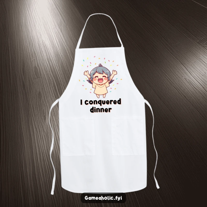 Funny apron depicting a joyful character celebrating a kitchen victory with a festive shower of confetti whilst cooking.