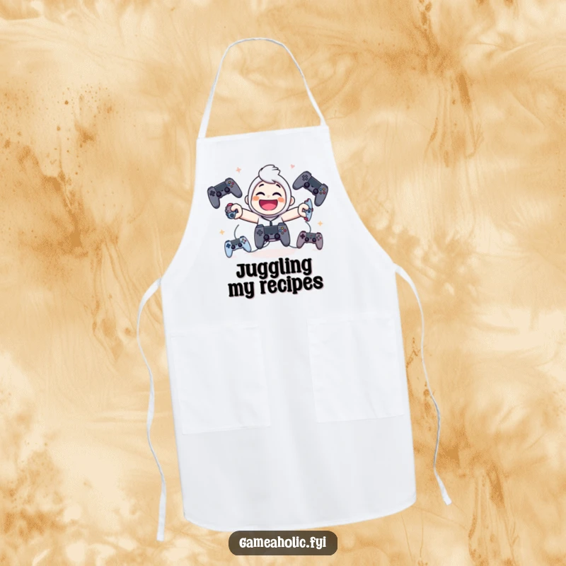 Funny apron with a giggling character juggling multiple game controllers, blending kitchen fun with gaming prowess.