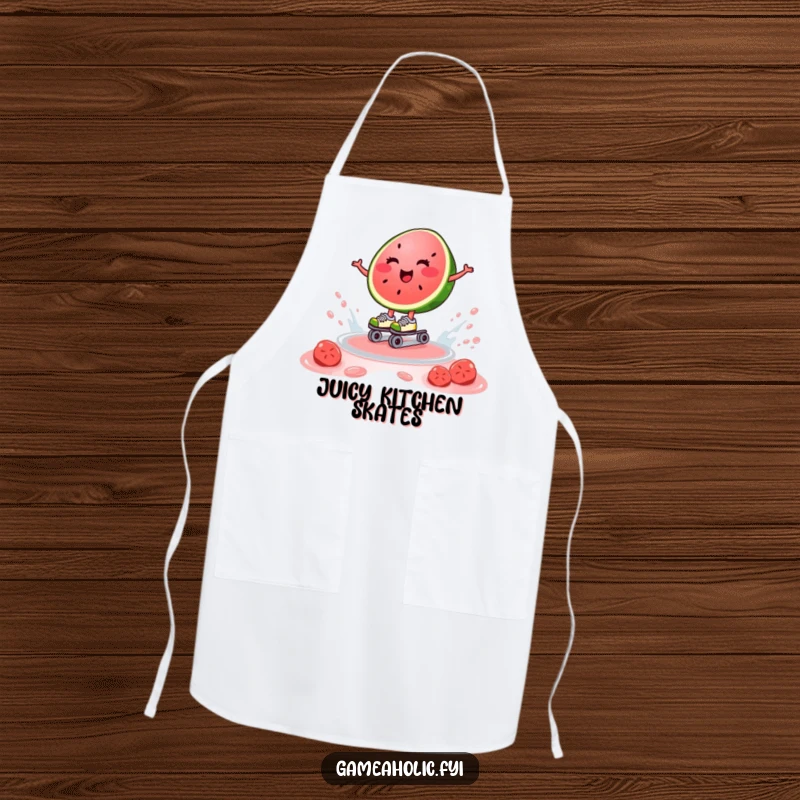 Funny apron with a happy watermelon slice on roller skates, gliding on juice, blending kitchen fun with summer vibes.