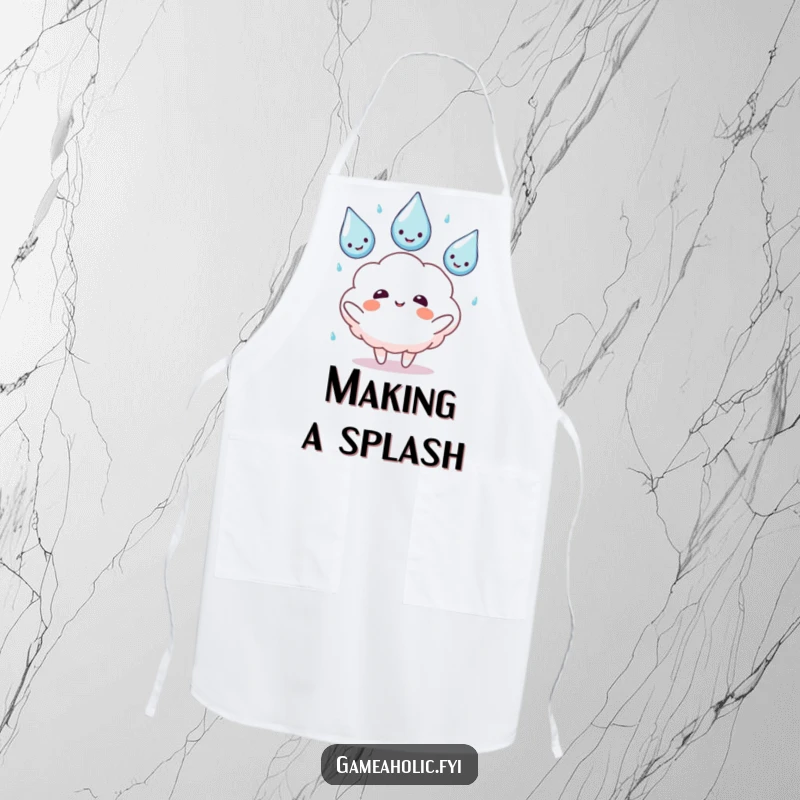 Funny apron with a fluffy cloud character juggling three smiling rain drops, blending kitchen fun with weather whimsy.
