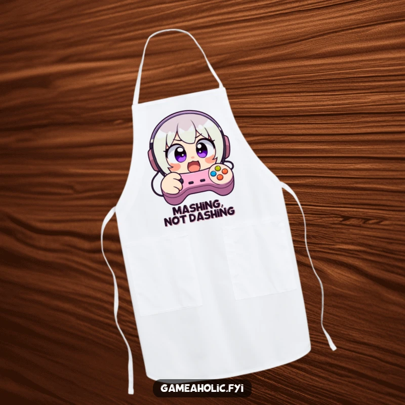 Funny apron for a character with wide, excited eyes, frantically mashing video game controller buttons, perfect for a gamer who cooks.