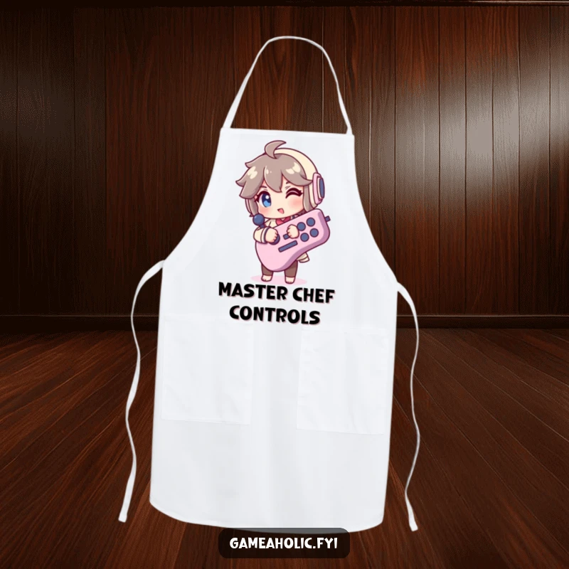 Funny Apron: A character winks while holding a giant joystick, blending kitchen duty with a humorous nod to gaming passion.