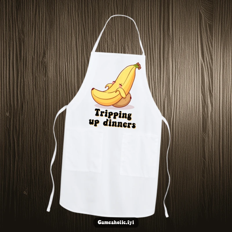 Funny apron graphic of a grinning banana peel tripping a sleepy potato, perfect for kitchen antics and cooking protection.