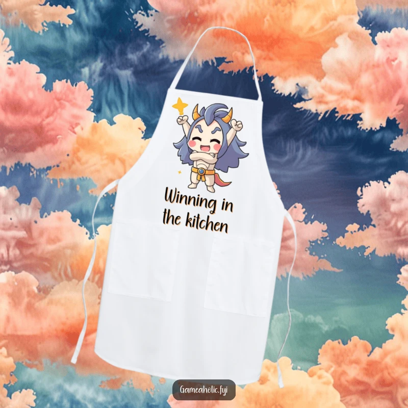 Funny apron featuring a character in a triumphant, crossed-arm pose, ready to conquer the kitchen with winning culinary skills.