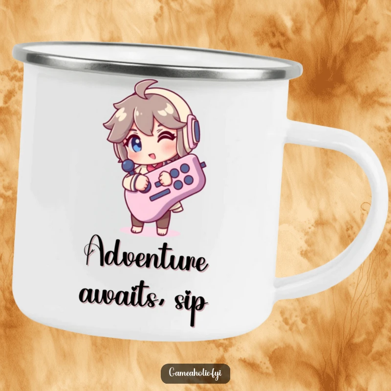 Funny Camping Mug: Character winks holding a giant joystick, ideal for outdoor enthusiasts who appreciate retro gaming humor and durability.