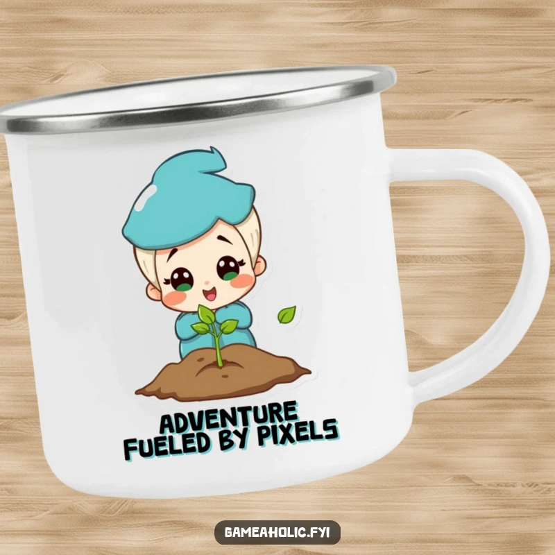 Funny camping mug with a charming character looking amazed and happy at a bright, glowing video game screen.