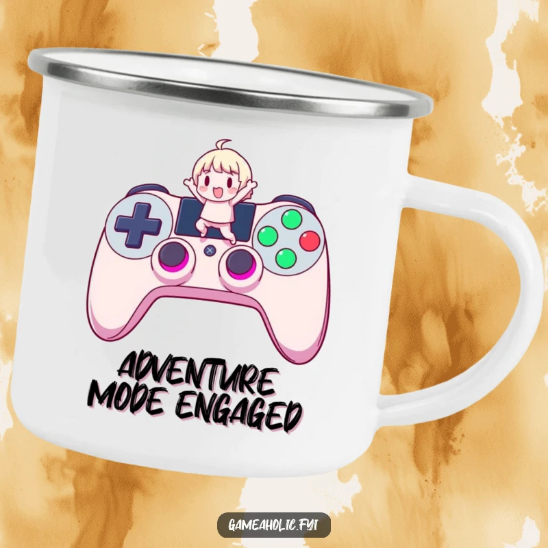Funny Gamer Camping Mug: An enamel mug featuring a cute character jumping on a giant, glowing controller button, ideal for outdoor gamers.