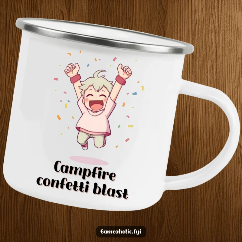 Funny camping mug featuring a character cheering wildly, throwing confetti, and leaping from a victory pose.