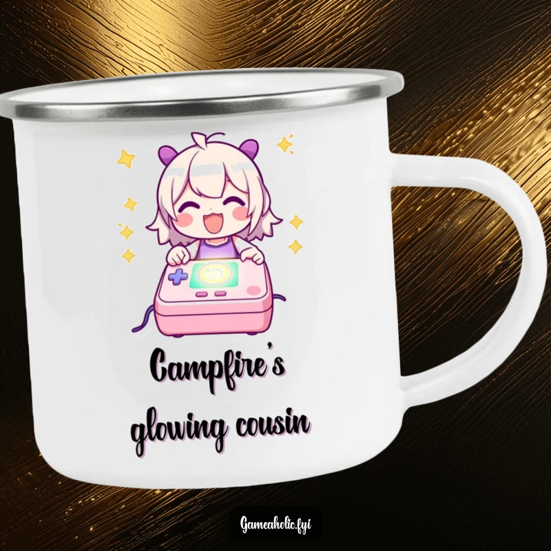 Funny Camping Mug showing a character happily powering up a glowing game console, designed for outdoor enthusiasts and gamers.