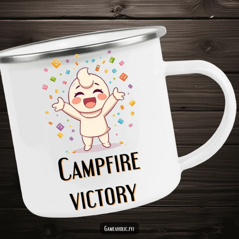 Funny camping mug featuring a happy character throwing confetti made of small video game icons.