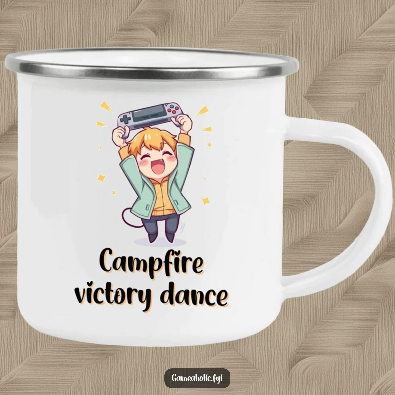 Funny camping mug showing a character excitedly throwing a gamepad in the air with pure joy.