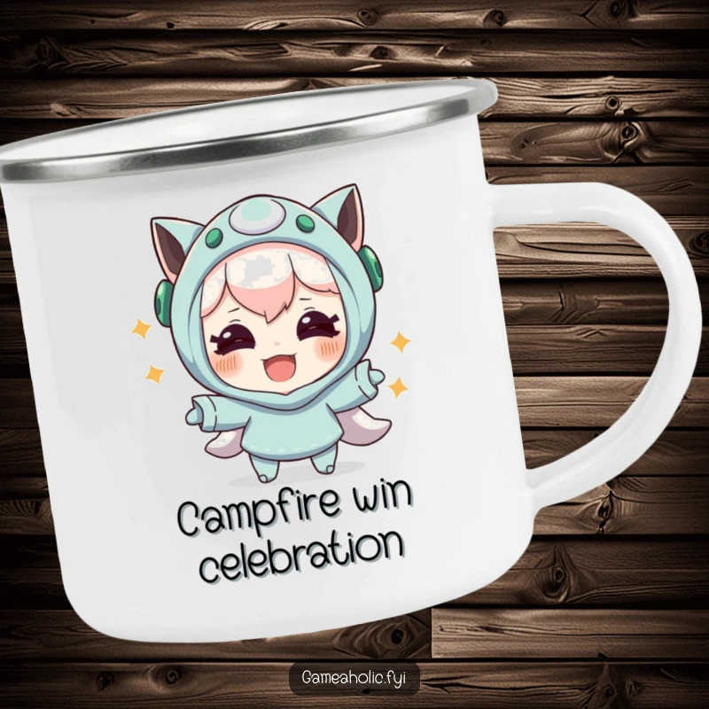 Funny camping mug with a joyful character celebrating a successful in-game maneuver, a humorous and rugged gift for outdoor gaming fans.