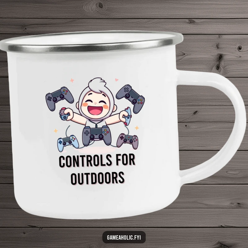 Funny camping mug showing a giggling character juggling game controllers, perfect for outdoor enthusiasts and gamers alike.