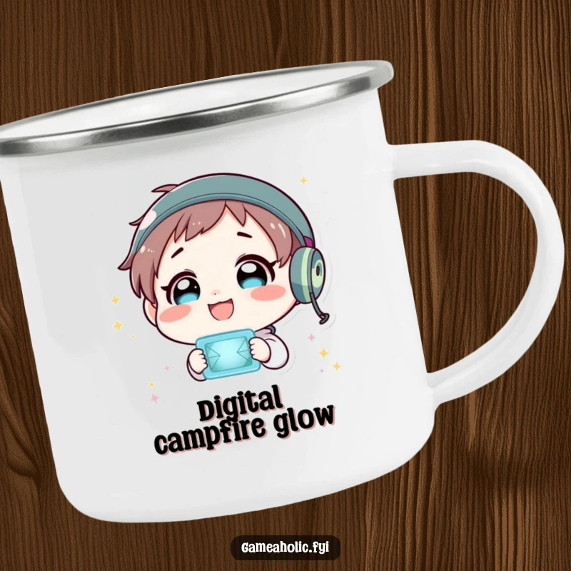 Funny camping mug featuring a character delightedly staring at a flashing virtual world, perfect for outdoor enjoyment.