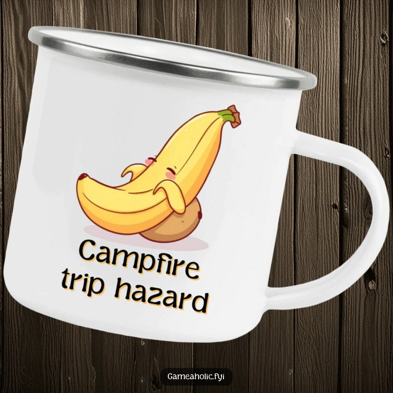Funny camping mug illustration of a smiling banana peel tripping a sleepy potato, ready for outdoor antics and drinks.