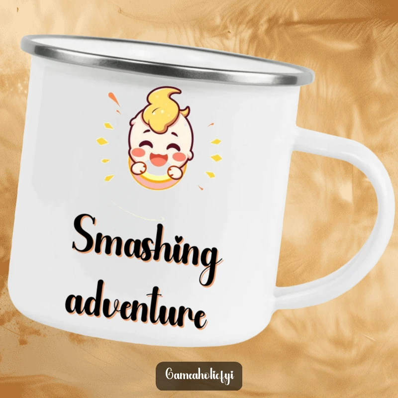 Cute character smashing a glowing button, perfect for camping or hiking, on a sturdy enamel camping mug.