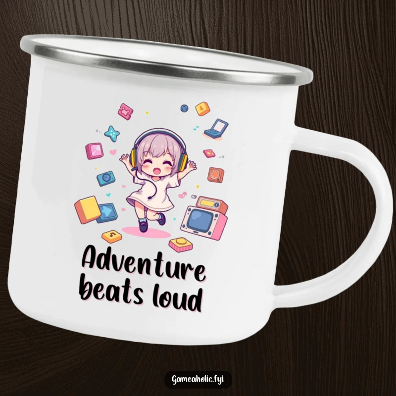 Funny Camping Mug featuring a dancing character with headphones amidst game elements, perfect for musical outdoor fun.