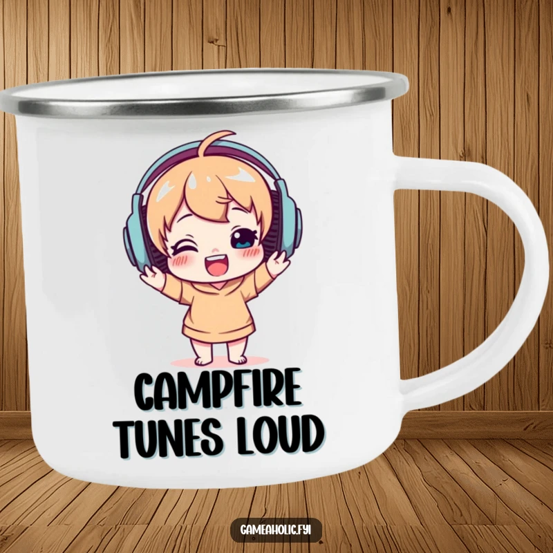 Funny camping mug showing a delighted character wearing large headphones, bobbing their head, perfect for outdoor music enthusiasts.