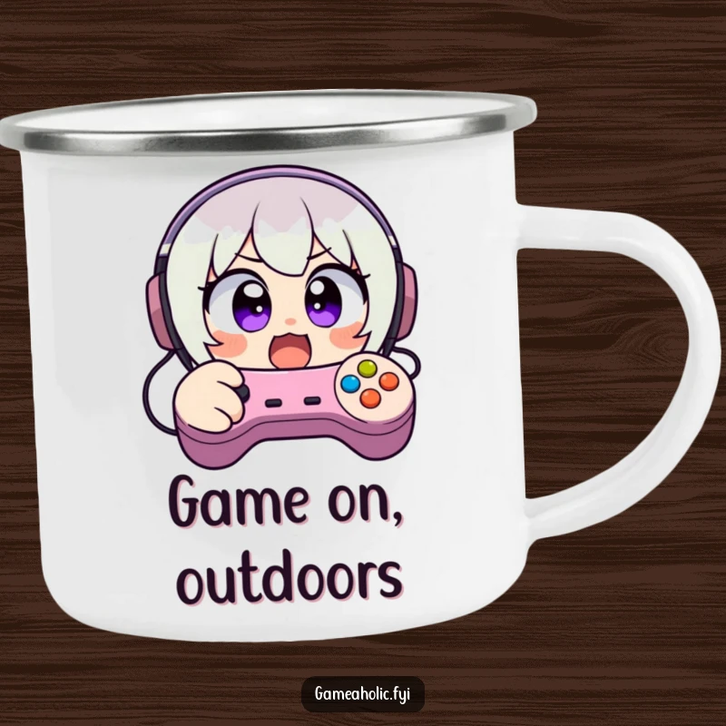 Funny camping mug featuring a character with wide, excited eyes, frantically mashing video game controller buttons, perfect for outdoor gaming.