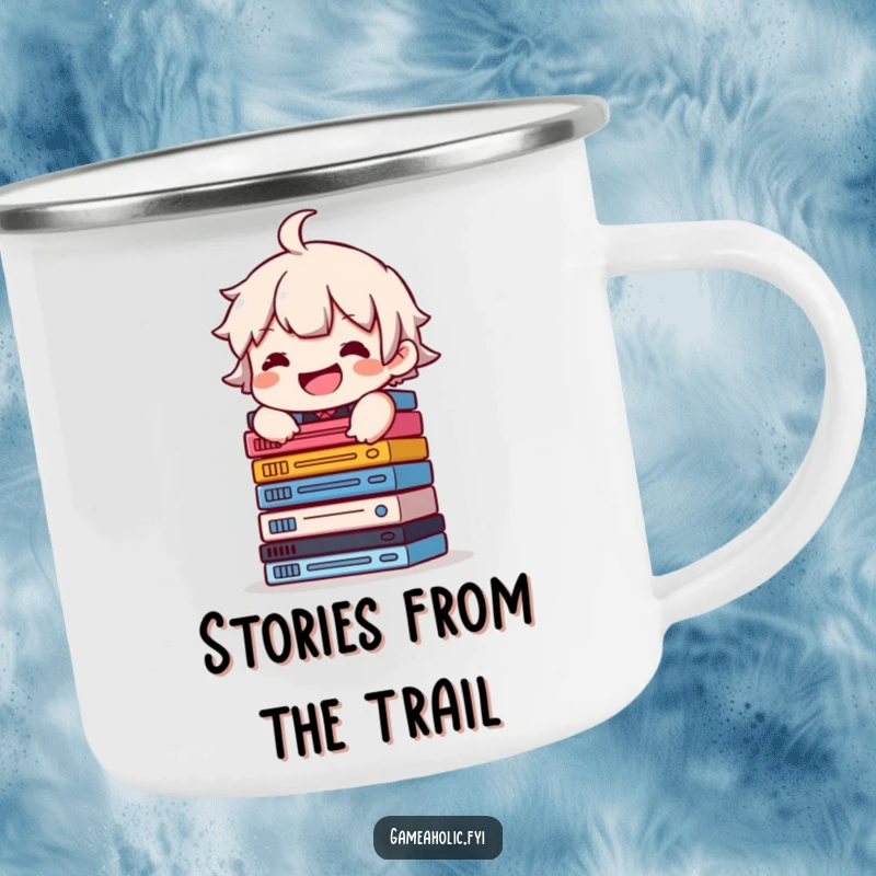 Funny camping mug featuring a character with a grin, balancing a stack of video game cases, perfect for collector's trips.