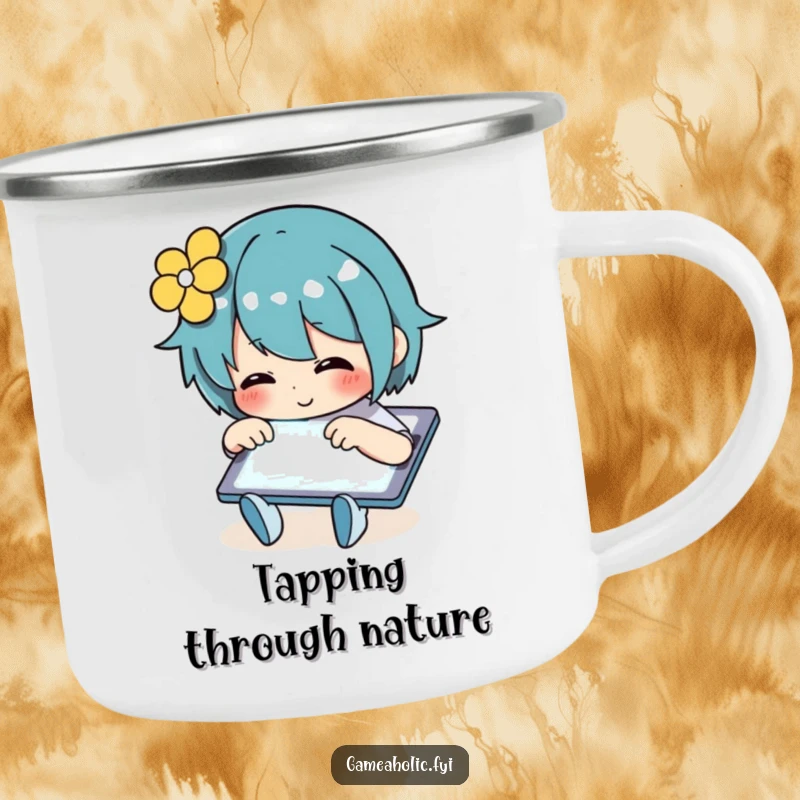 Funny Camping Mug of a person happily tapping a glowing tablet screen, perfect for outdoor tech enthusiasts.